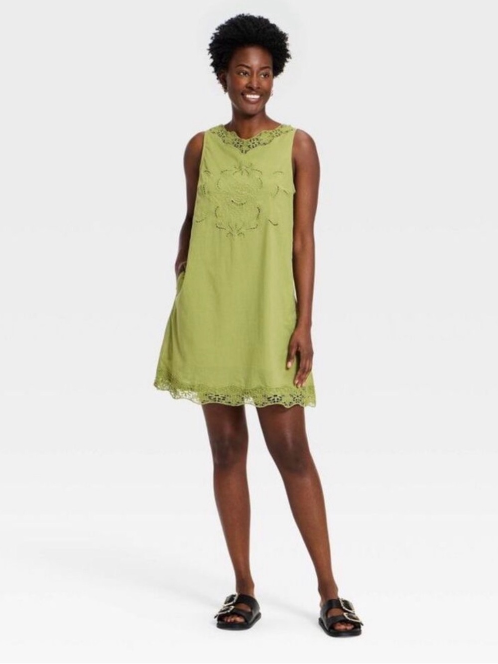 Universal Thread Olive Green Lace-Trim Mini Shift Dress